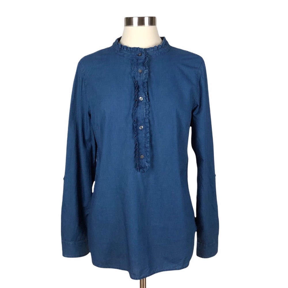 Talbots Denim Colored Button Down Top with Ruffle Neck and Front